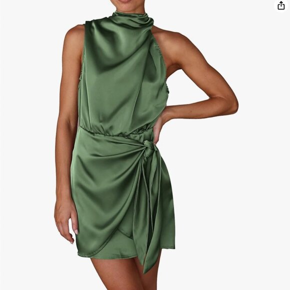 NWT PRETTYGARDEN Women's Formal Satin Dress Sleeveless Mock Neck Tie Waist, L - Picture 1 of 8